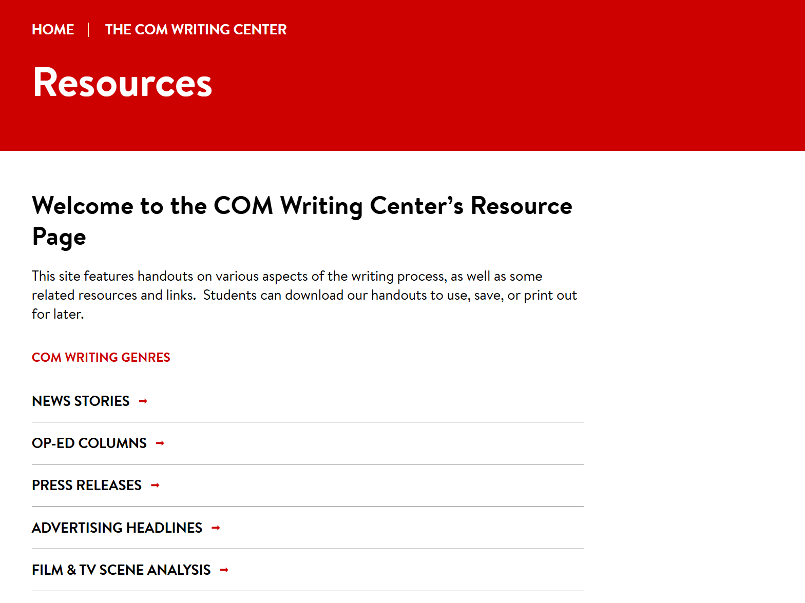 COM Writing Center Resources